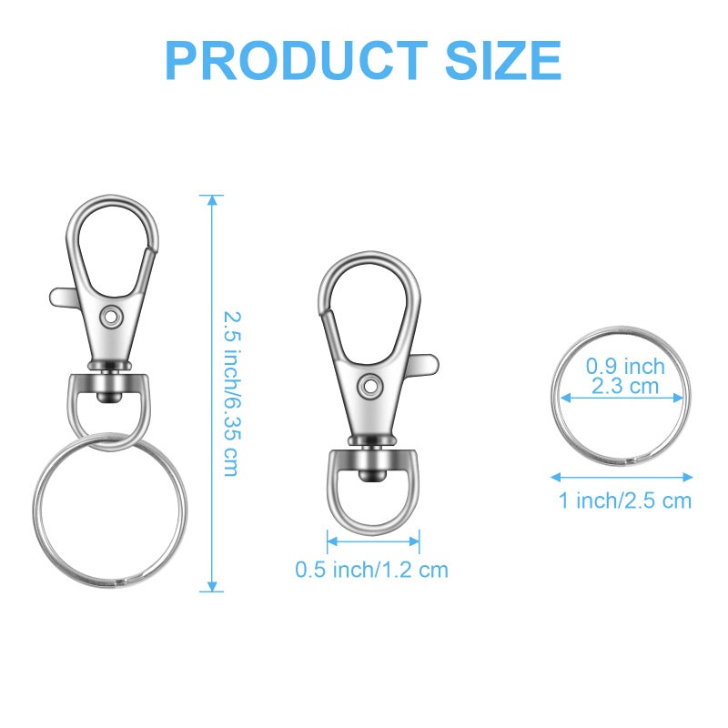 DSUWAZU 104PCS Swivel Snap Hooks with Key Rings  Metal Lobster Claw Clasp  Keychain Rings for Crafts(Silver  1.37inch(36mm) - Image 2